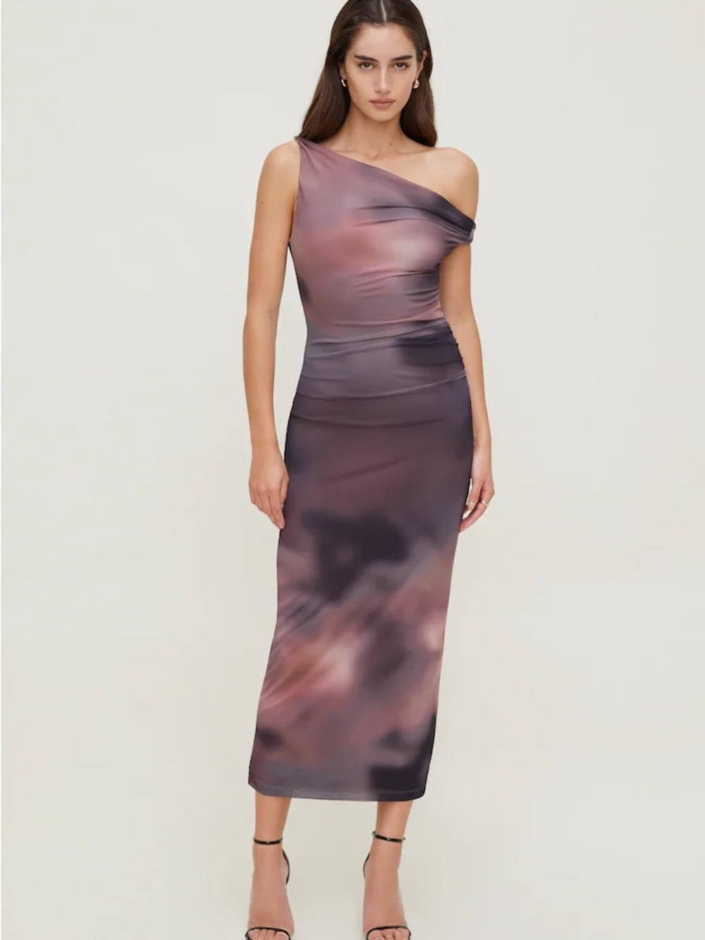 Dynamite Jade Mesh One-Shoulder Midi Dress in Mauve-Purple Ombre